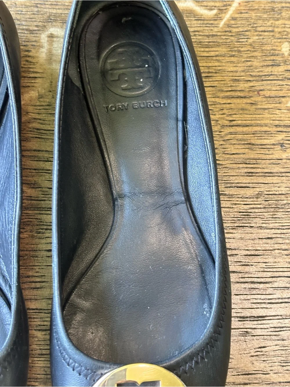 Tory Burch Black Leather Reva Ballet Flats Gold Logo Travel Shoes 6